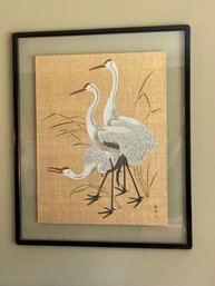 Framed Tempera Whooping Crane By Mi Chou