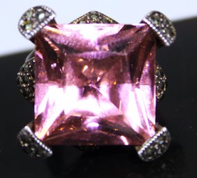 Large Pink Square Stone Gemstone Ring Marcasites Size 4.5