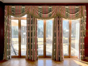 A Set Of 3 Custom Silk Ikat  Striped Draperies With London Swag Valance - 204' Wide - 136' High