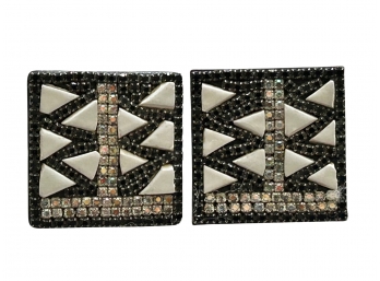 Vintage Signed Designer Roxanne Assoulin Geometric Square Rhinestone, Beaded & Enamel Clip Earring