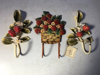 Lovely Strawberry Tole Ware Hooks From Country Curtains In Stockbridge Mass. Three For One Bid - Chips & Flaws