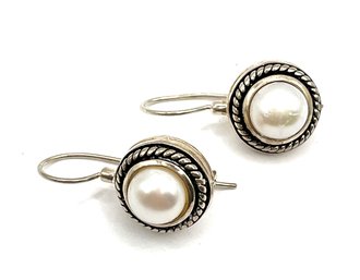 Vintage Sterling Silver Pearl Color Beaded Ornate Earrings