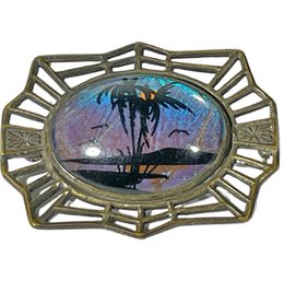 Art Deco Silver Tone Brooch Butterfly Wing Having Palm Trees