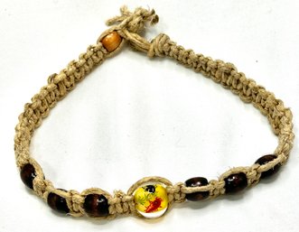 Vintage Mens Glass And Wood Bead Braided Hemp Necklace