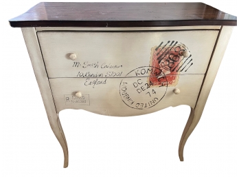 Stenciled Vintage French 2-drawer Dresser With English Postage Motif