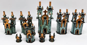 9 Copper Ayachucho Folk Art Churches With Bells From Peru