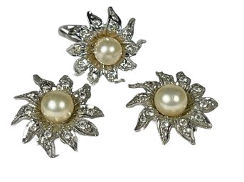 Silver Tone Pearl And White Stone Earrings And Ring