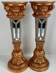 Fancy Pillar Candle Holders With Mirrored Centers (2)