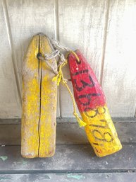 Pair Of Yellow & Red Vintage Lobster Trap Buoy's- One Marked 136878 And Noted Made In Canada