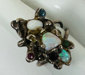 AMAZING BRUTALIST HAND MADE OPAL SAPPHIRE RUBY AND EMERALD STERLING SILVER RING