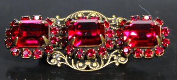 Signed Liz Paiacios San Francisco Gold Tone Red Rhinestone Brooch