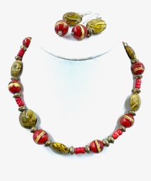 Unique Murano Style Art Glass Bead Necklace & Earring Set