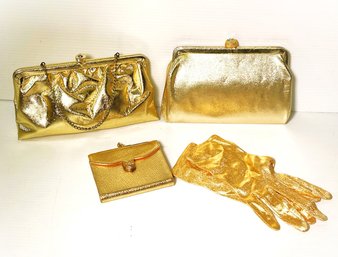 Golden Vintage Glam- Princess Gardner Gold Lustre Wallet With Original I.D. Card, And Two Lovely Clutch Purses