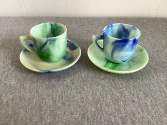 Blue And Green Marbled Espresso Cup And Saucer Set Of 2