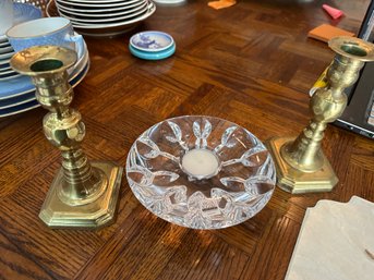 Pair Brass Candle Holders And Miller Rogasa Crystal Votive Holder From Slovenia