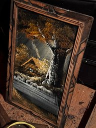 Vintage Acrylic Painting Of Rustic Log Cabin
