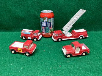 Vintage Tootsie Toy Hook And Ladder Fire Engine, Fire Chief Pickup, Chemical Extinguisher Truck And Jeep.