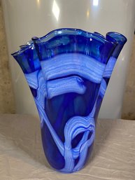 Cobalt Blue And White Handblown Glass Vase 12in No Chips