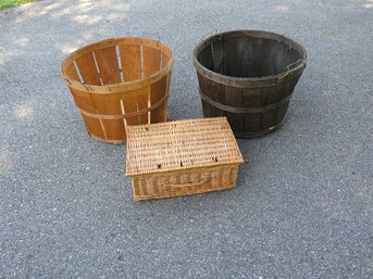 A Trio Of Fall Harvest Bushel Baskets & Wicker Covered Basket Too