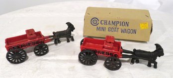 2 Vintage Cast Iron Champion Goat Wagons One With Box