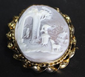 Large Victorian Gold Filled Landscape Carved Shell Cameo Brooch