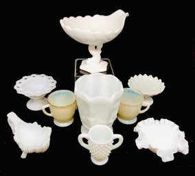 9 Piece Vintage Milk Glass Assortment Including Koi Compote