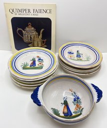 Vintage Henroit Quimper Pottery, France: 10 Plates, Bowl & Collectors Book