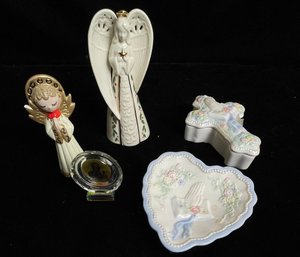 Angel Lot With Lenox Porcelain Christmas Angel Bell Holding Gold Star W/ Holly Berries & Leaves