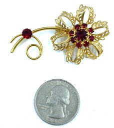 Gorgeous Vintage Goldtone Figural Flower Brooch W/ Ruby Red Rhinestones