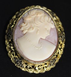 Large Antique Gilt Sterling Silver Carved Shell Cameo Brooch`