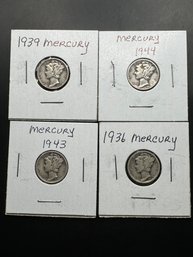 4 Mercury Dimes 1936, 1939, 1943, 1944