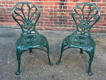 Lovely Pair Of Green Cast Metal Garden Chairs - Enamel Green Paint - Three Leg Chairs - Spring Is Here !