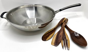 Large Calphalon Stainless Steel Wok & Tropical Hardwood Utensils, All Unused