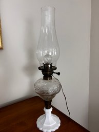 Antique Electrified Oil Lamp With Milk Glass Base