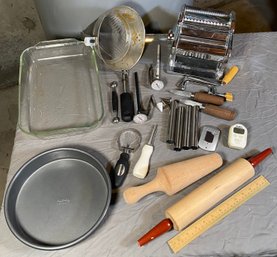 Baking Cooking Collection: Atlas Pasta Makers, Lamson Sharp Clam Knife, Strainer, Pans, Wood Rolling Pin,