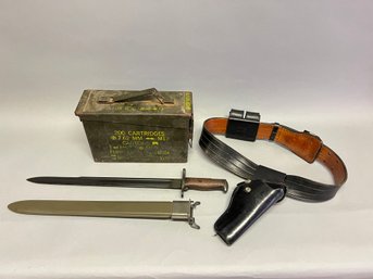 Military Lot Including USN MK1 1919 WWI Bayonet, Ammo Box, And HKS Belt With Holster And Speed Loaders