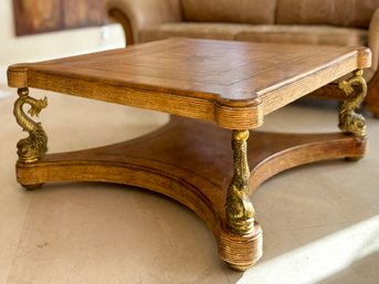 An Elegant Leather Clad Coffee Table With Brass Seahorse Base, Possibly Maitland-Smith