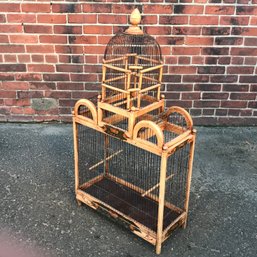Huge Vintage All Wood And Wire Bird Cage - Great Paint - Over Three Feet Tall - Great Vintage Look ! Wow !