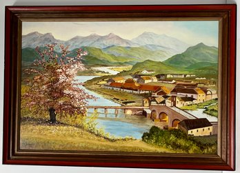 Large Framed Vintage Oil On Board Painting - Mountains Bridge Buildings -  L Wigfield - 28.5 X 40.5