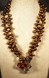 Genuine Gold Colored Cultured Pearl Necklace Having Rhinestone Pendant