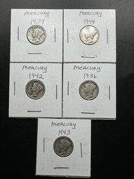 5 Mercury Dimes 1936, 1939, 1942, 1943, 1944