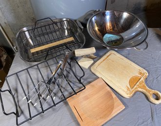 All Clad Roasting Pan 17x14x3.23, Alaska Ulu With Stand, Stainless Steel Strainer, Wood Cutting Boards