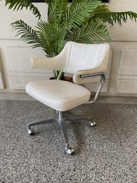 Vintage Atomic White Leather At Rolling Swivel Office Chair