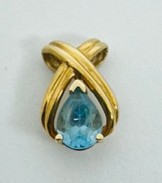 PRETTY 10K GOLD PEAR SHAPED BLUE TOPAZ PENDANT BY JCM