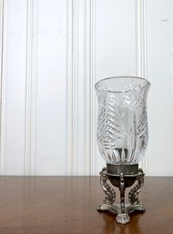 Heavy Cut Crystal Candle Cylinder On Scroll Footed Metal Base
