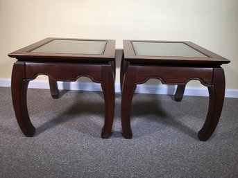 Lovely Pair Of Wooden Asian Style Tables - Each With Glass Tops - Very Nice Pair - Classic Decorator Styling