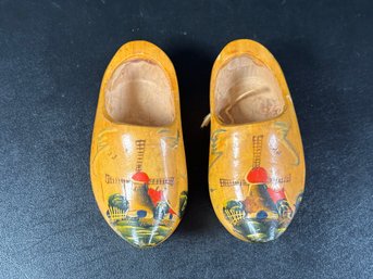 A Pair Of Decorative Vintage Dutch Clogs Made In Holland, Hand-Painted With A Traditional Windmill Motif