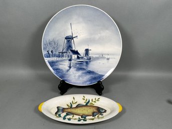 Vintage Delft Lighthouse Plate & E Redford Handpainted Fish Dish