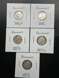 5 Roosevelt Silver Dimes 1961-D, 1962-D, 1963-D, 1964, 1964-D