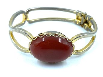 Beautiful Vintage Hinged Cuff Bracelet W/ Carnelian Stone